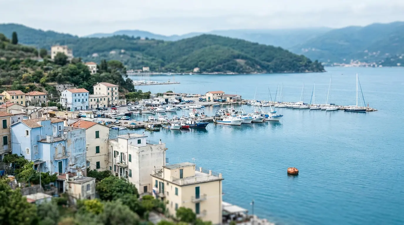 Veduta del golfo della Spezia con le case sulla collina e il porto